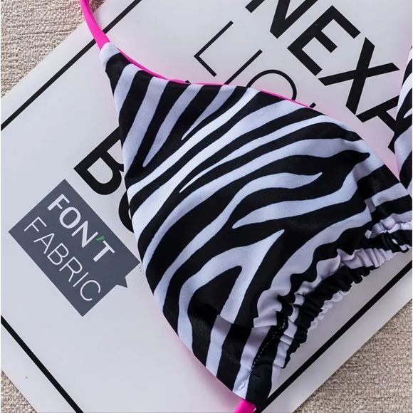 NEW ZEBRA CONTRAST PINK TRIM BIKINI SET - Picture 6 of 10